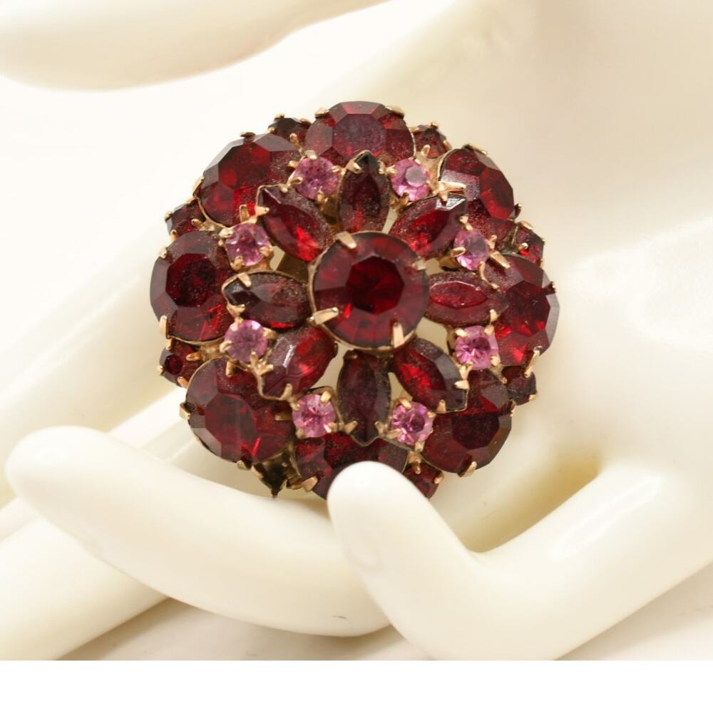 Vintage Ruby Red Pink Rhinestone Floral Brooch Gold Tone 1950s